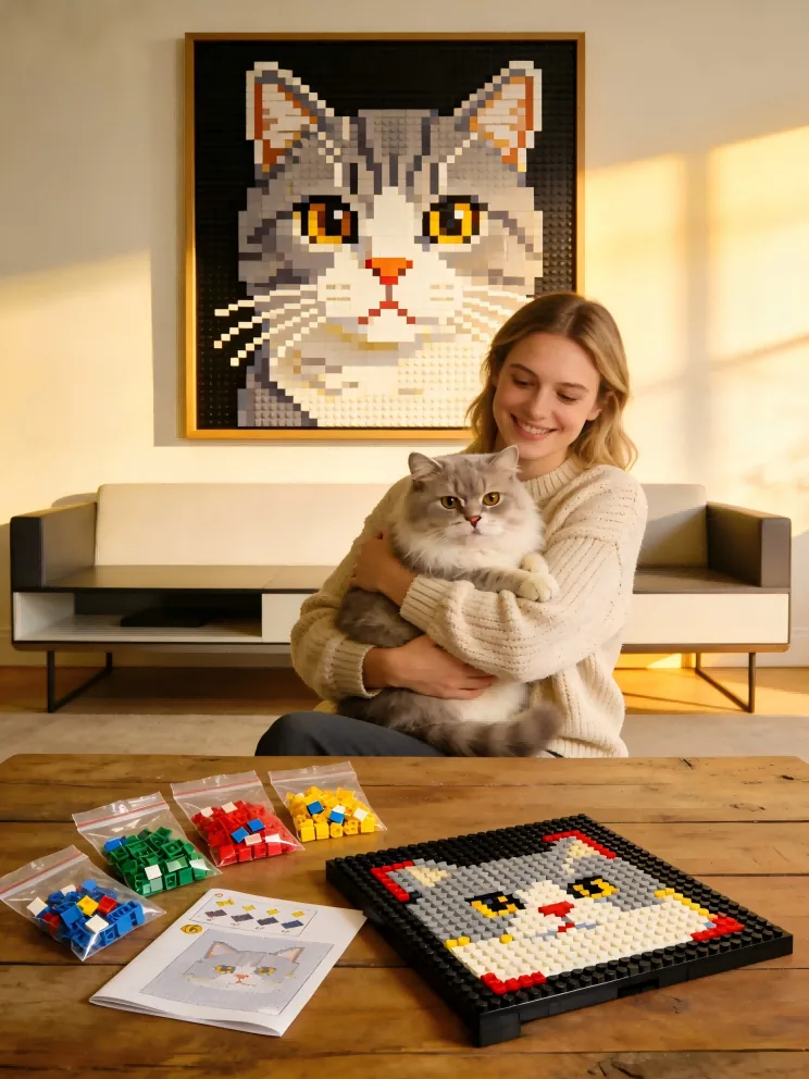 Custom LEGO mosaic of a cat portrait built with BMBrick