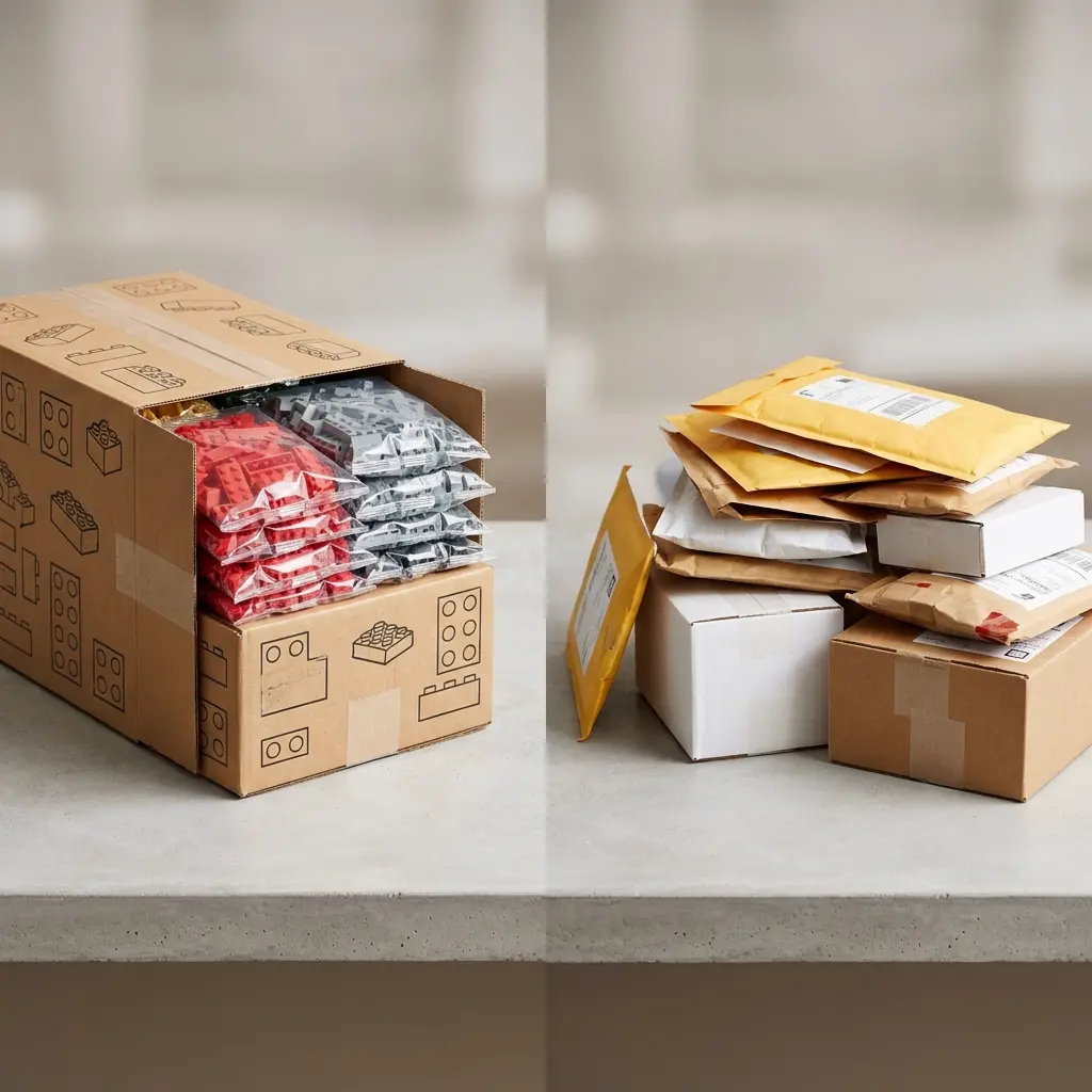 Sourcing comparison: A single official LEGO Pick a Brick box (left) versus multiple BrickLink seller envelopes (right).