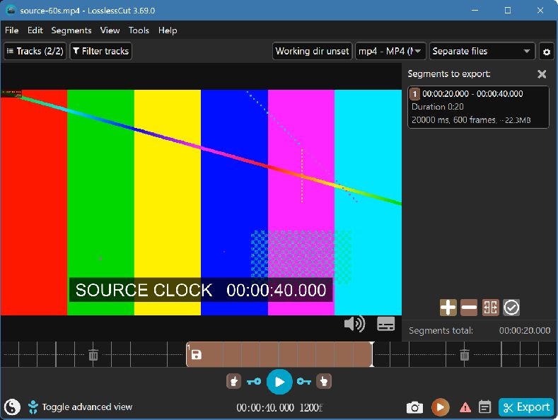LosslessCut 3.69.0 真实桌面界面,显示入点 20.000、出点 40.000、片段 20 秒和 Export 按钮。